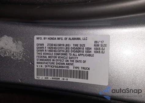 2018 Honda Ridgeline Rtl-T from USA, damaged, VIN 5FPYK3F68JB004785